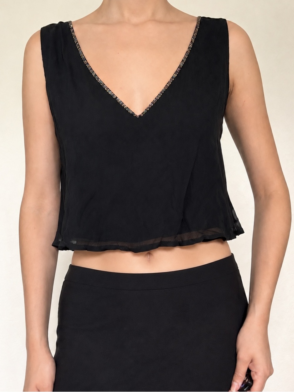 Vintage René Derhy Black Sequin Trim Sleeveless Blouse Y2K Fairy Grunge Small